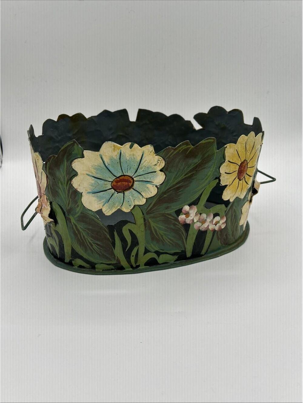 Vintage Metal Folk Art Hand Painted Oval Floral Planter with Handles